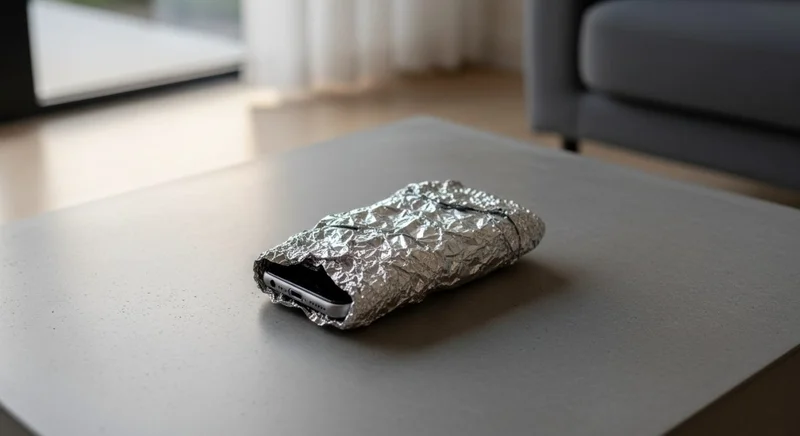 Smartphone envuelto en papel aluminio sobre mesa de hormigón minimalista