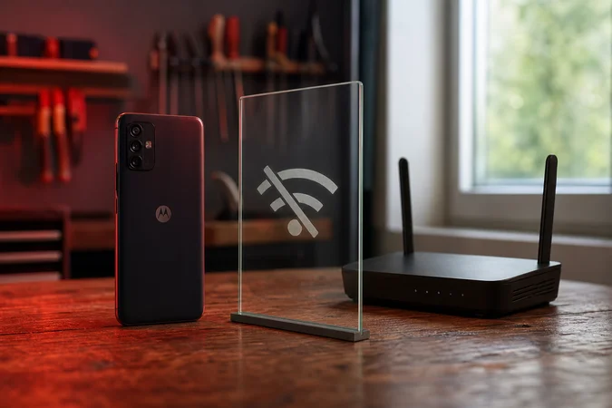 Smartphone Motorola con logo M batwing sobre banco de madera