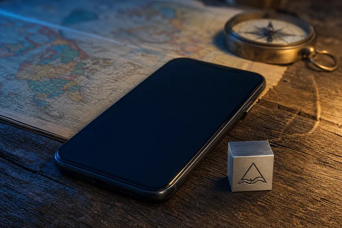 Smartphone sobre escritorio de madera con cubo grabado logo minimalista