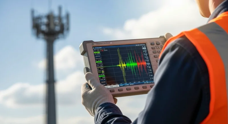 Técnico con chaleco de seguridad sosteniendo un analizador de espectro