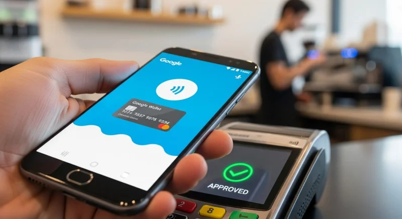 Teléfono Android con Google Wallet pagando en terminal sin contacto