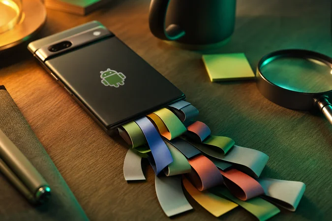 Teléfono Android en escritorio de madera con banners invasivos realistas