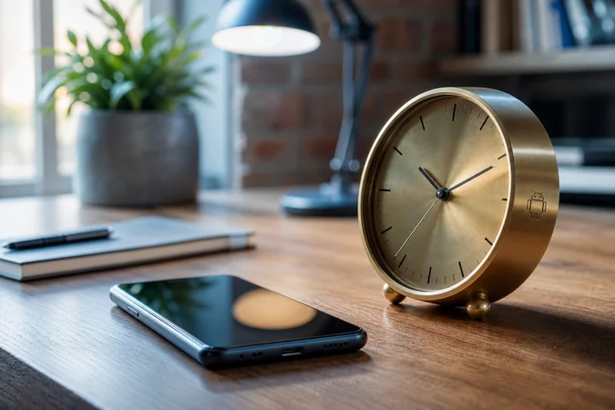 Teléfono Android en escritorio de madera junto a reloj analógico