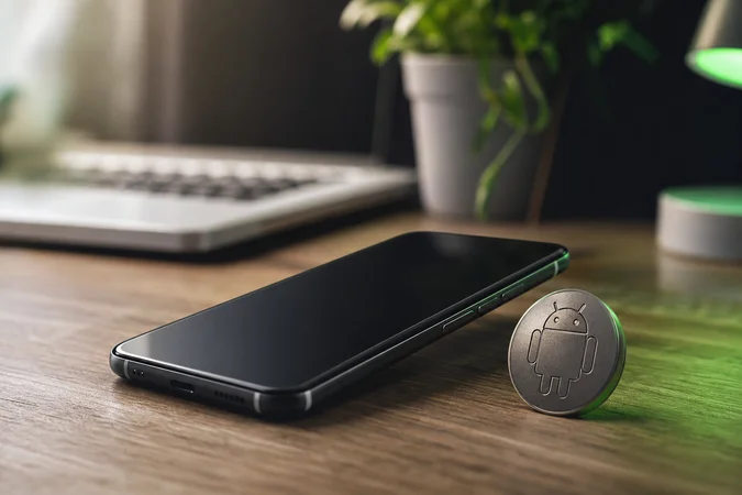 Teléfono Android sobre escritorio de madera con token Android grabado