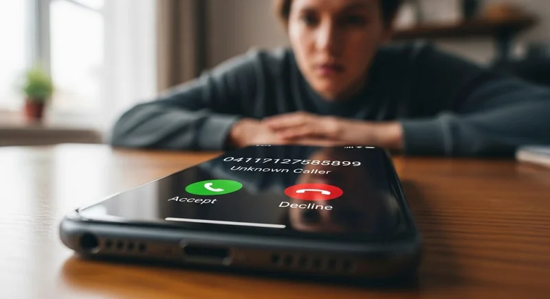 Teléfono inteligente moderno vibrando en escritorio con llamada entrante desconocida