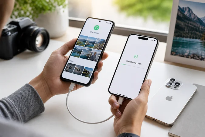 Transferencia de datos WhatsApp entre Android e iPhone con cable Apple visible