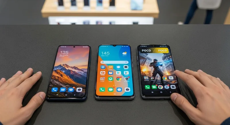 Tres smartphones Xiaomi Redmi y POCO en comparación en tienda