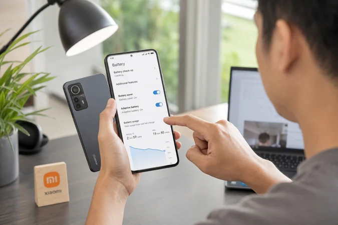 Usuario usa Xiaomi teléfono ahorro de batería y batería adaptativa