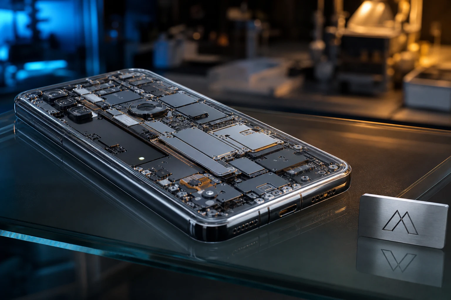 Android con espalda transparente muestra circuito interno sobre mesa vidrio