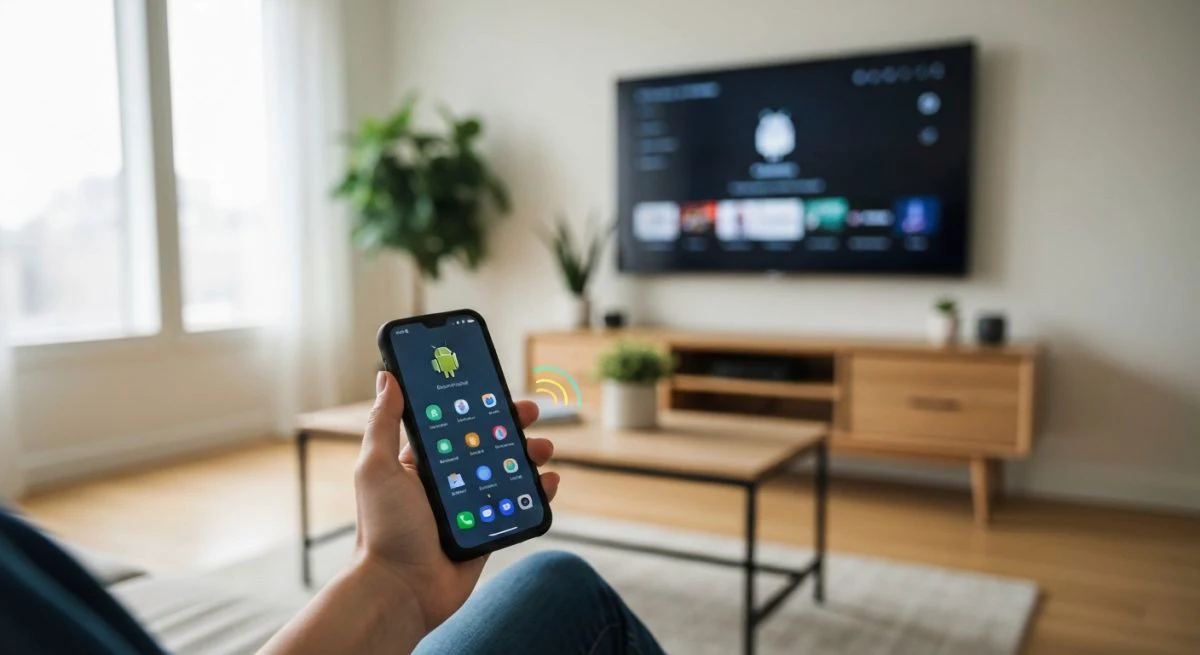 Android smartphone centrado muestra pantalla de casting hacia Smart TV