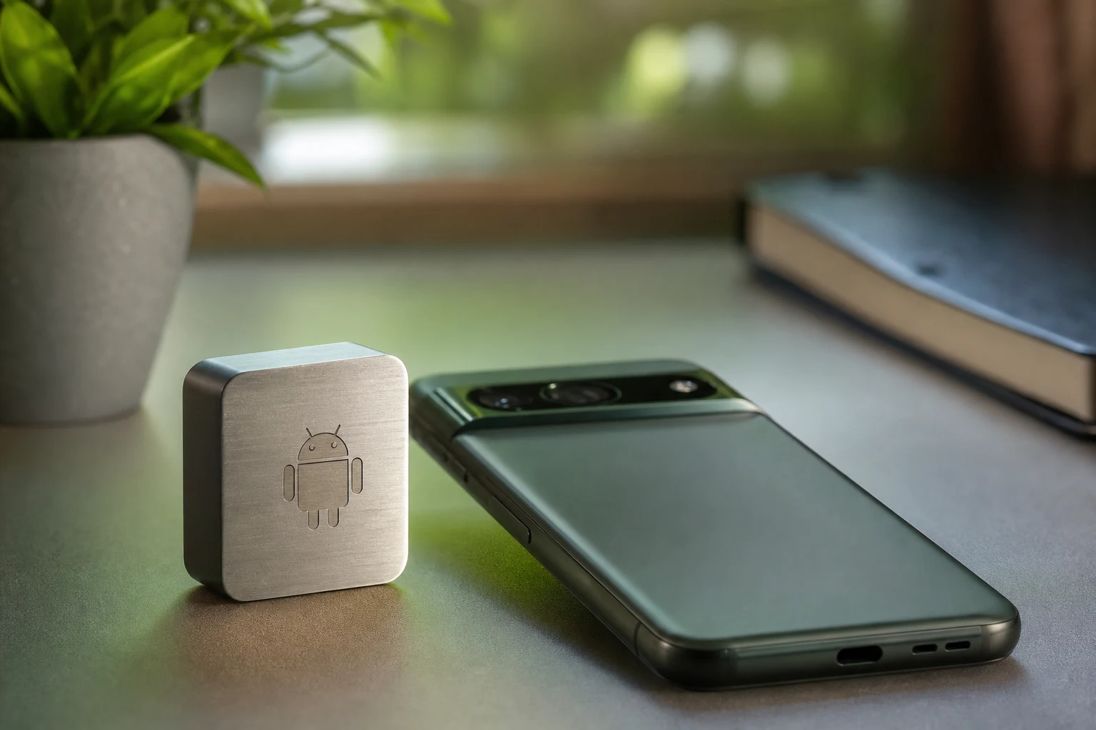 Android smartphone sobre escritorio con placa grabada de logo Android