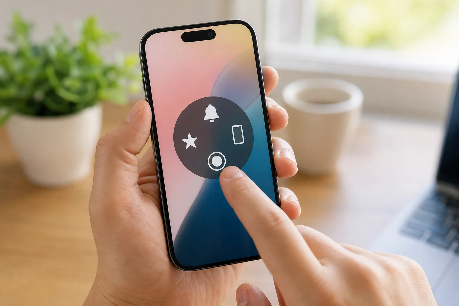 Apple iPhone primer plano mostrando menu AssistiveTouch en pantalla visible