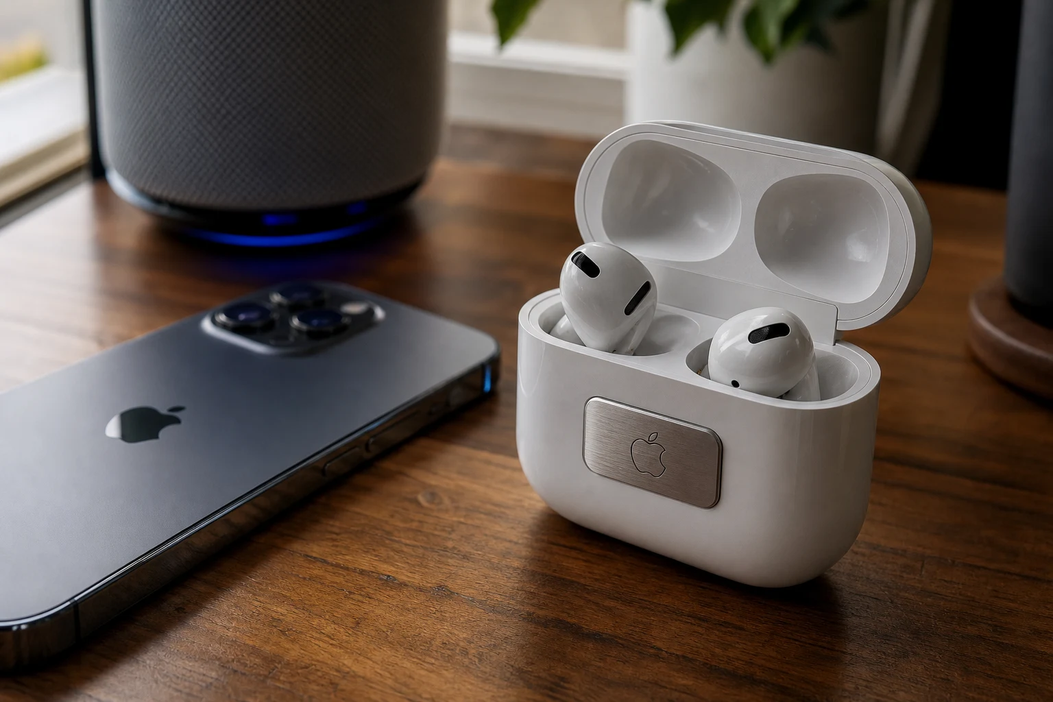 Auriculares inalámbricos blancos en estuche Apple junto a un iPhone sobre escritorio:VEVENT