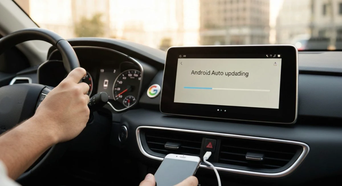 Conductor en coche actualiza Android Auto en pantalla logo Google