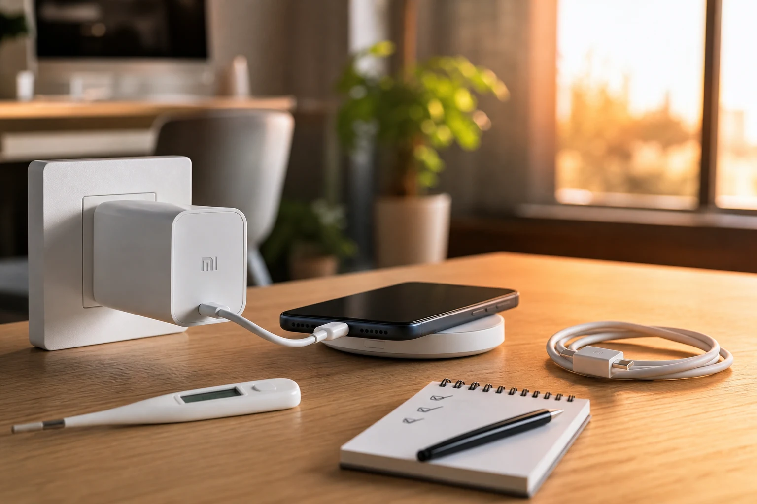 Configuración de carga Xiaomi en escritorio minimalista con logo Mi