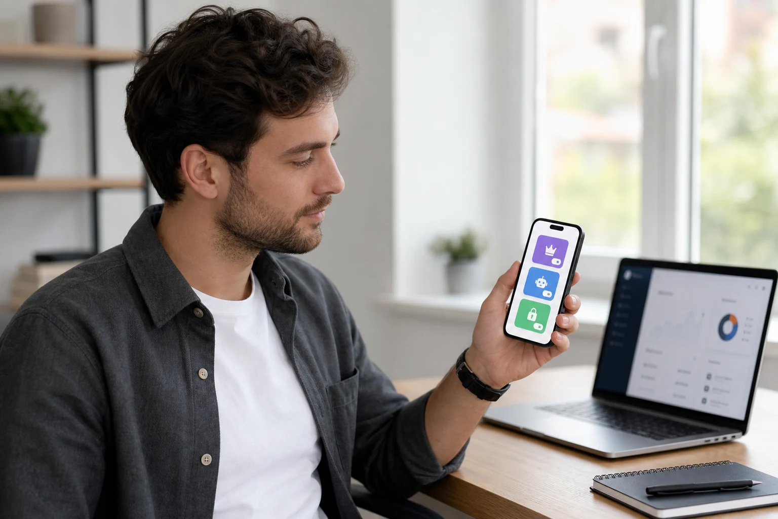 Creador de contenido mirando pantalla de celular con iconos coloridos