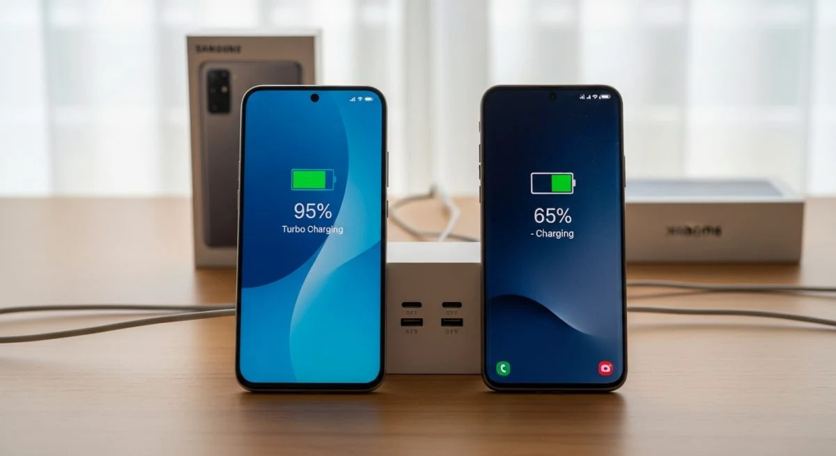 Dos smartphones modernos Samsung y Xiaomi cargando sobre escritorio minimalista