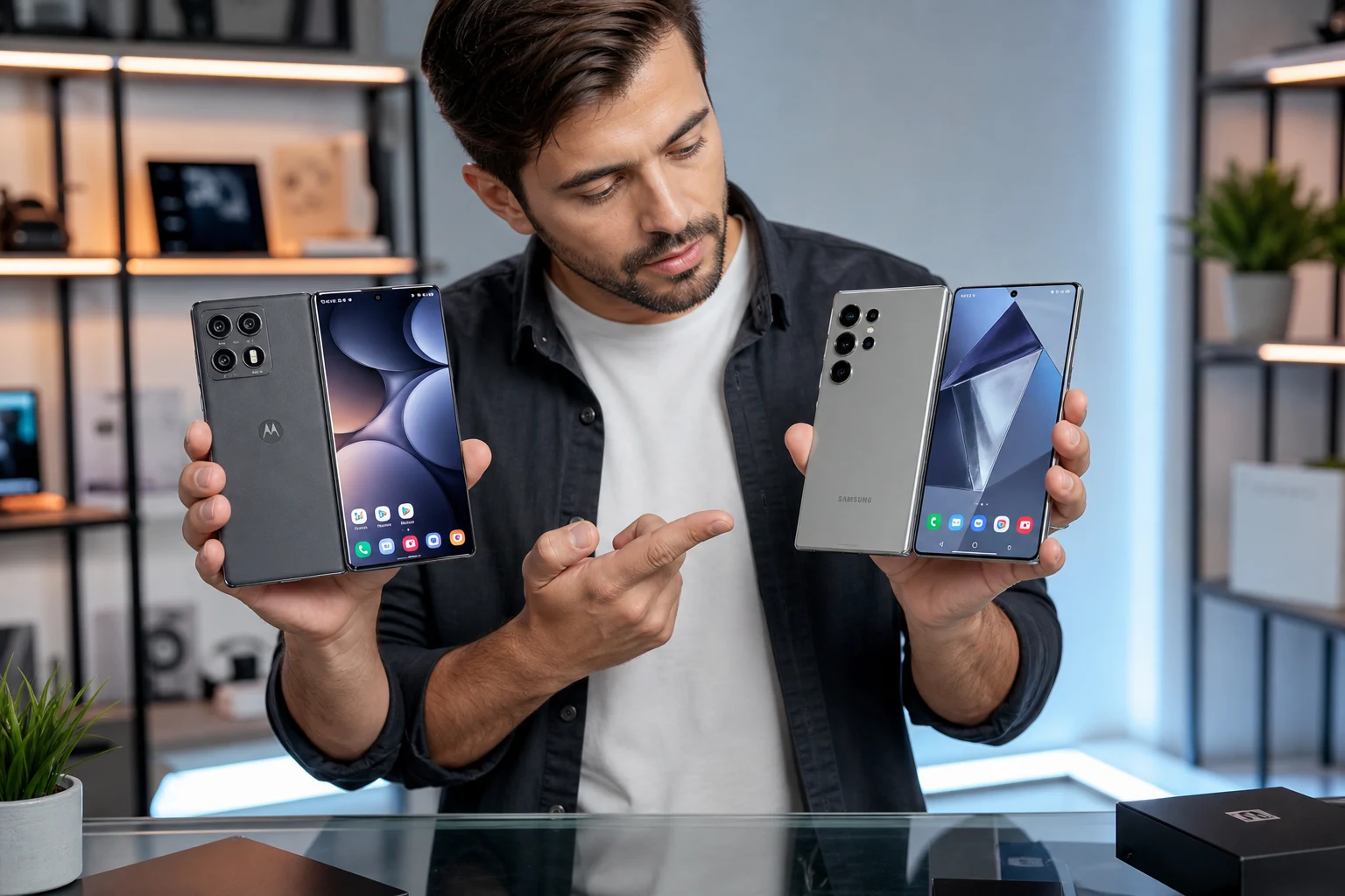 Dos smartphones Motorola y Samsung Galaxy S Ultra pantallas encendidas