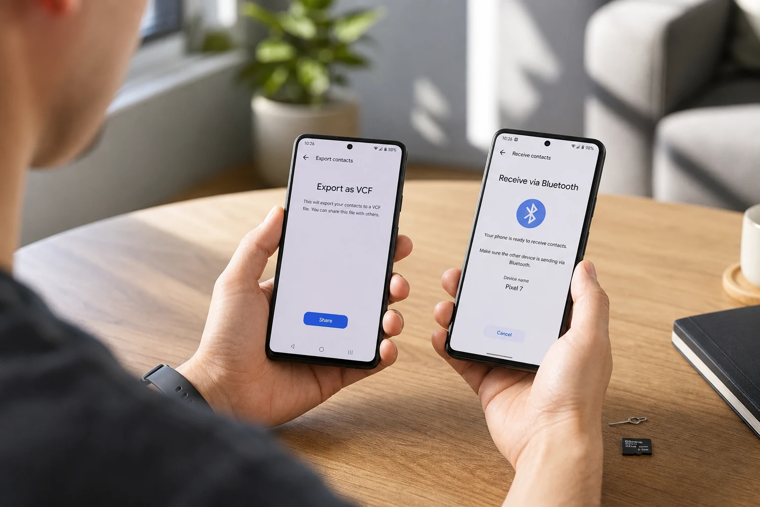 Dos teléfonos Android transfiriendo contactos entre ellos usando Bluetooth VCF