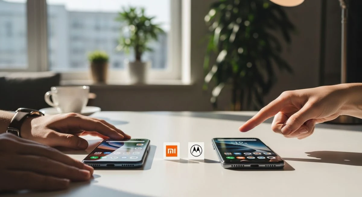 Dos teléfonos Xiaomi y Motorola en escritorio iluminado para comparación