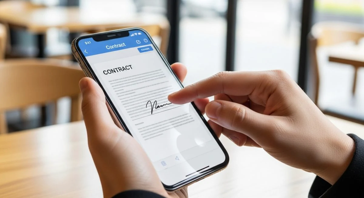 Firma digital en smartphone moderno en cafetería luminosa