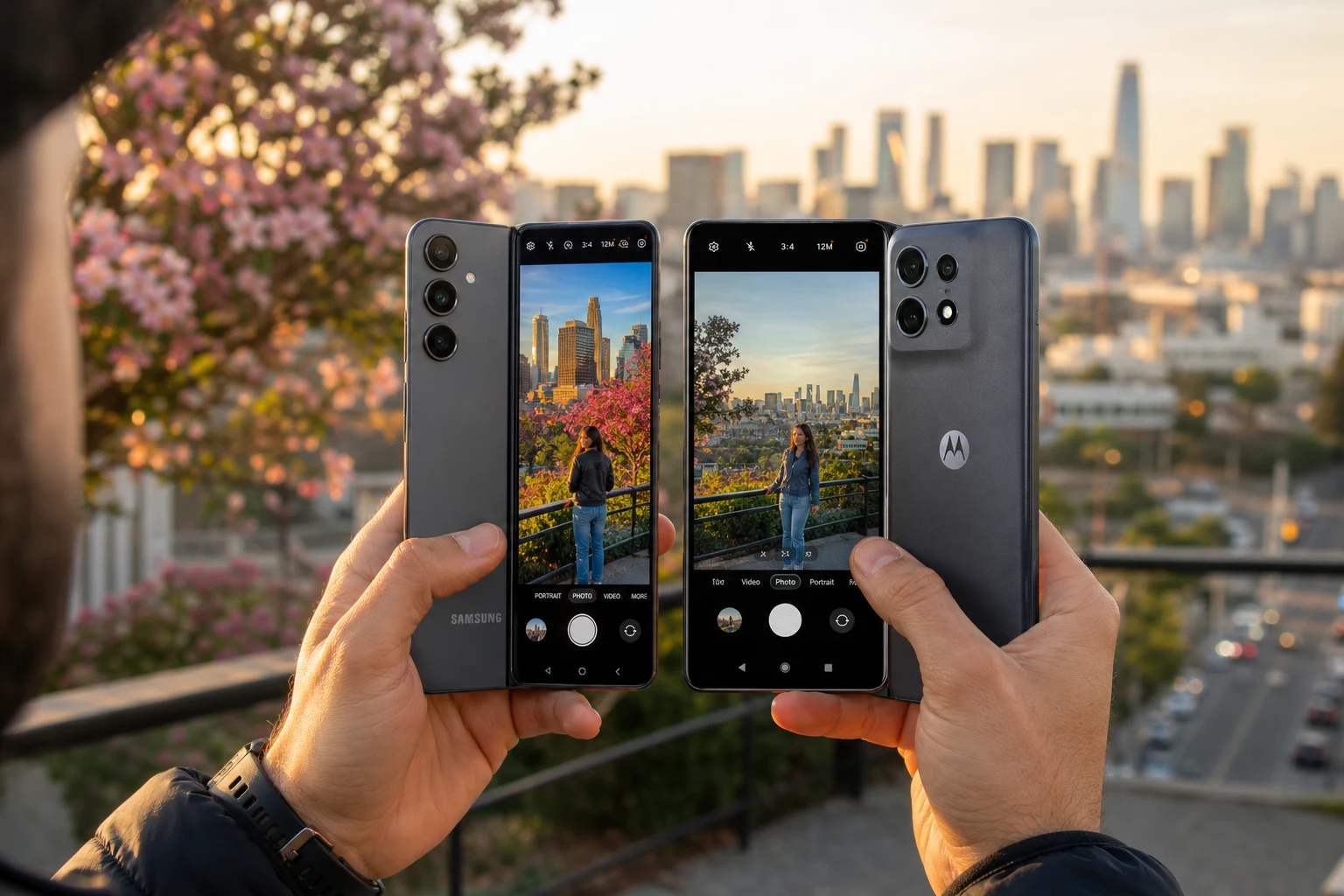 Fotógrafo compara smartphones Samsung y Motorola mostrando cámaras urbanas lado a lado