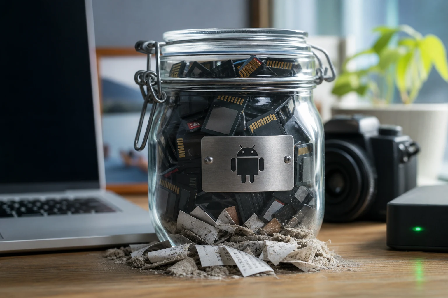 Frasco de vidrio con tarjetas de memoria y robot Android grabado