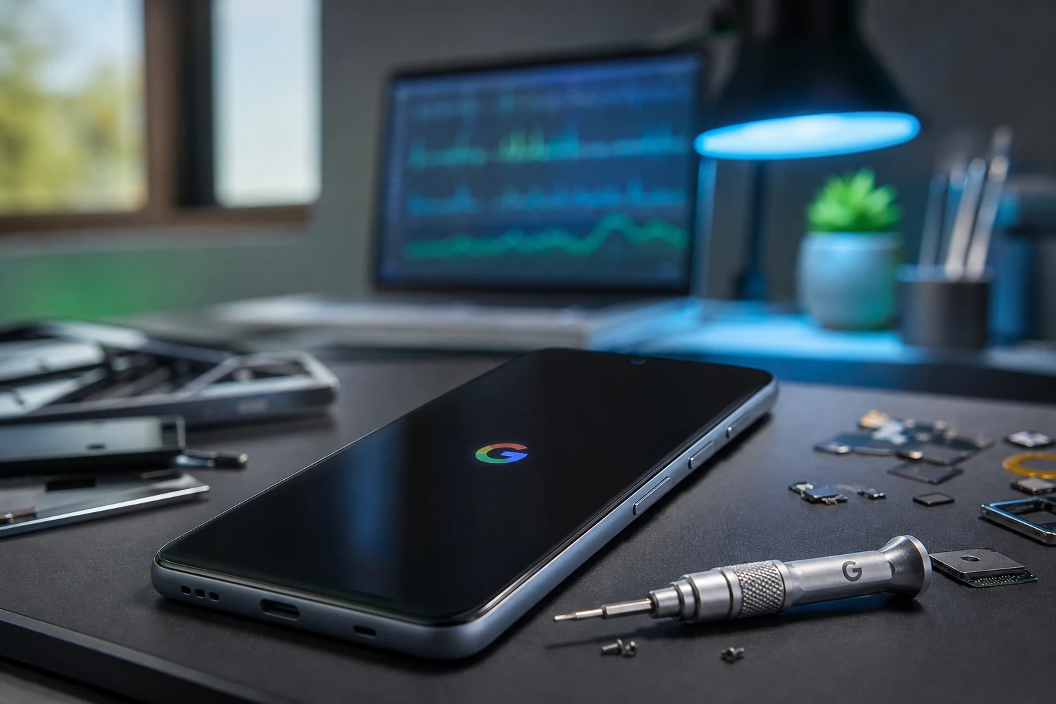 Google Pixel en banco de reparación con logotipo G grabado