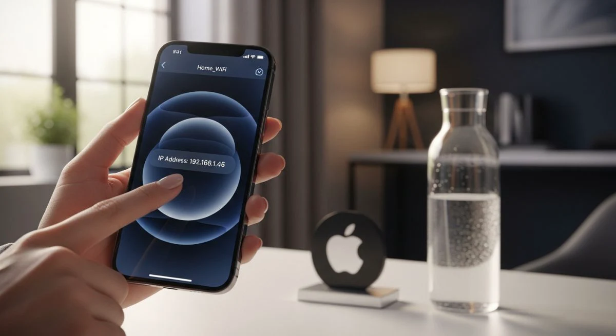 iPhone 15 en oficina muestra IP WiFi y Apple logo