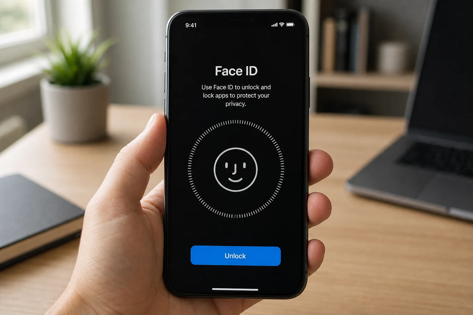 iPhone en primer plano mostrando Face ID desbloqueo de aplicaciones