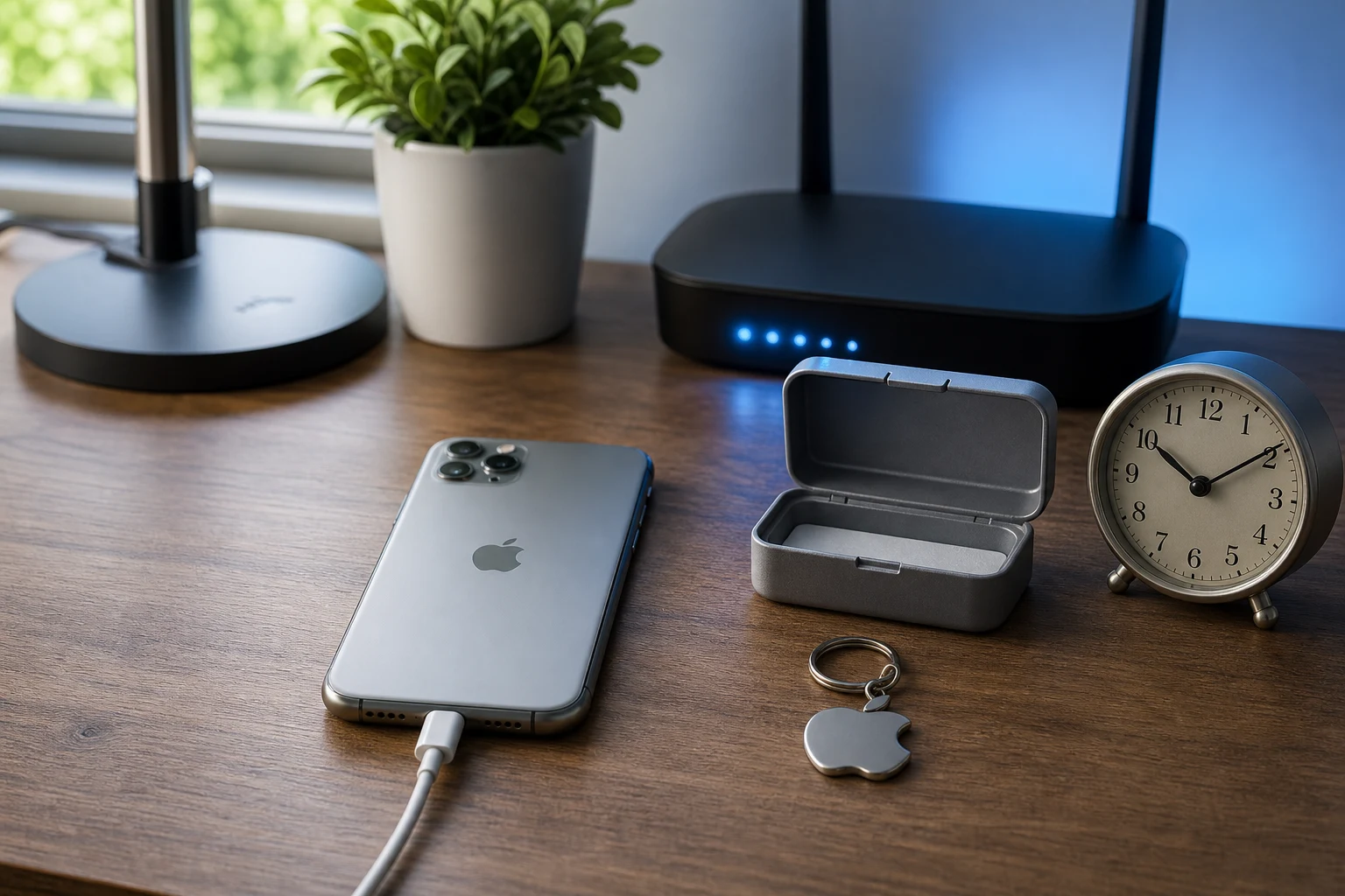 iPhone junto a router Apple ID caja de almacenamiento y reloj analógico