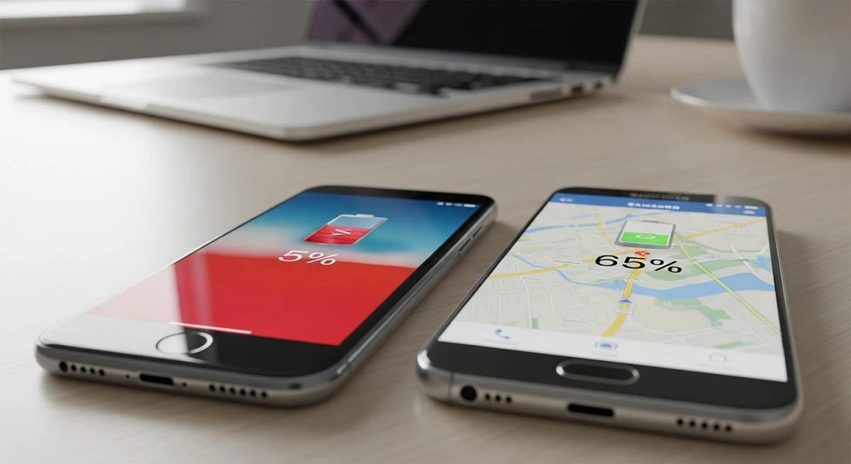 iPhone mostrando bajo nivel de batería al 5 por ciento y Samsung al 65