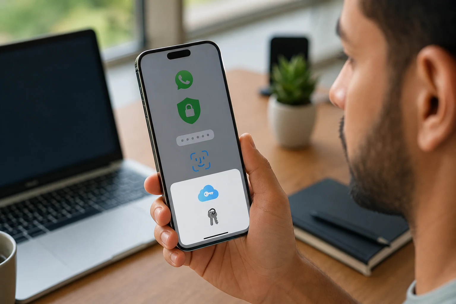 iPhone mostrando seguridad de cuenta WhatsApp y autenticación Face ID con iCloud Keychain