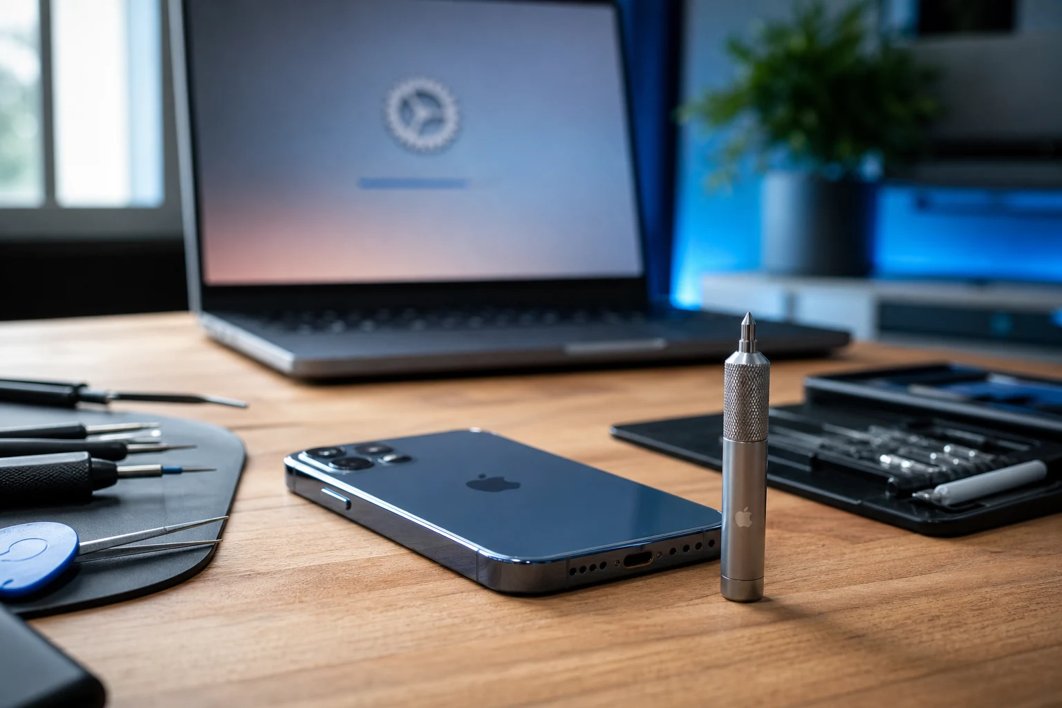 iPhone sobre escritorio de madera con herramientas de reparación Apple