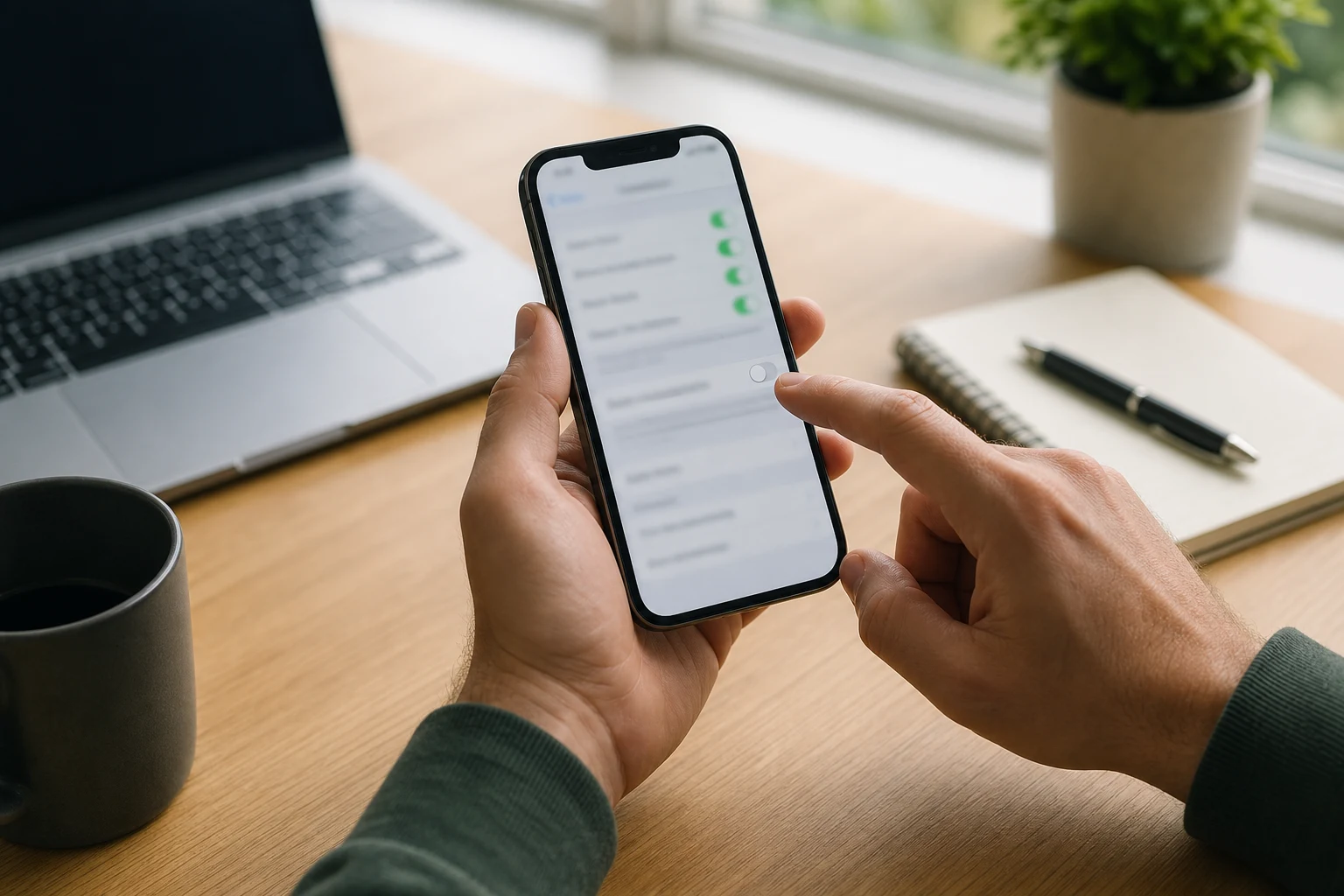 iPhone sobre escritorio de madera desactivando la configuración de privacidad