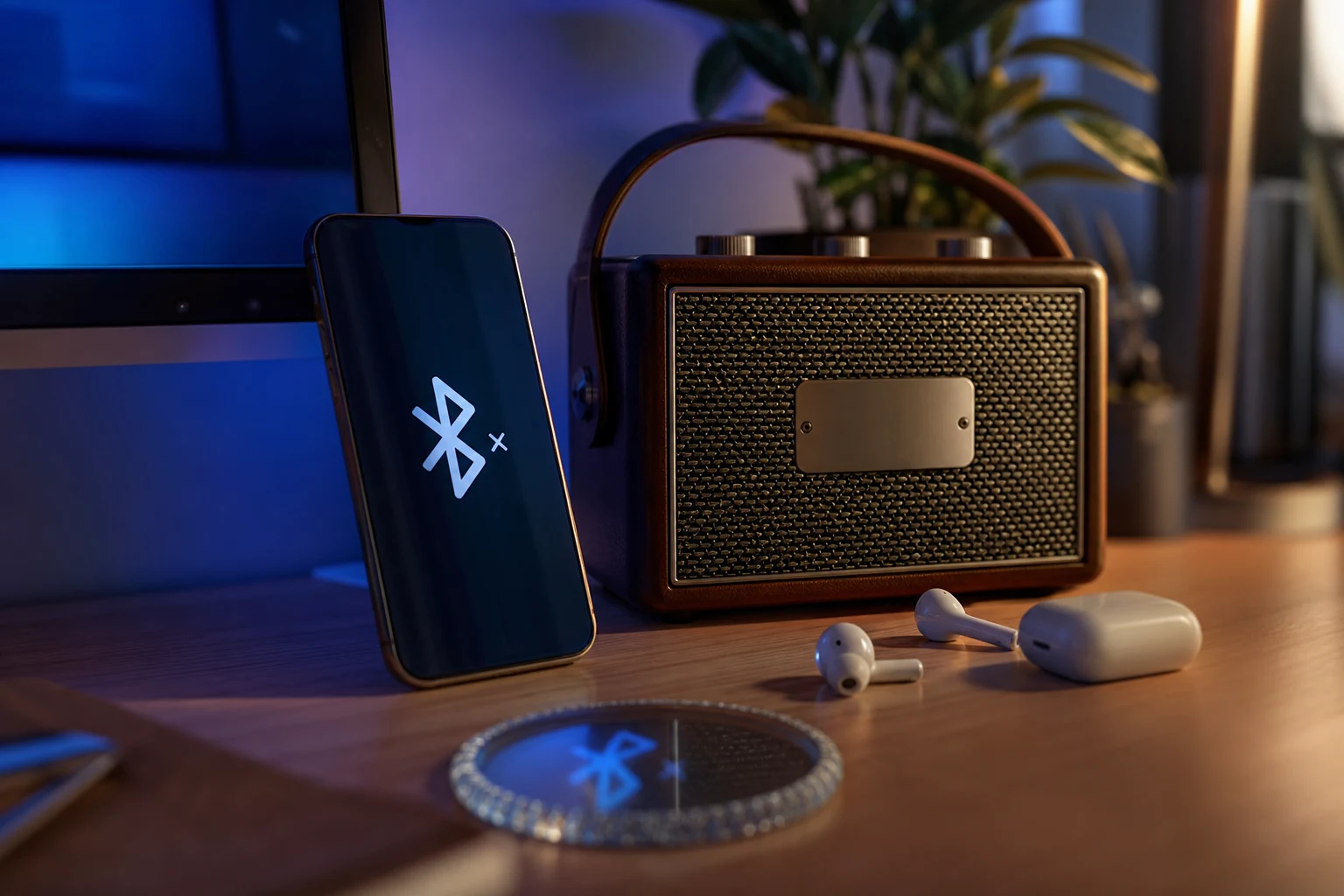 iPhone sobre escritorio madera junto a altavoz y logotipo bluetooth