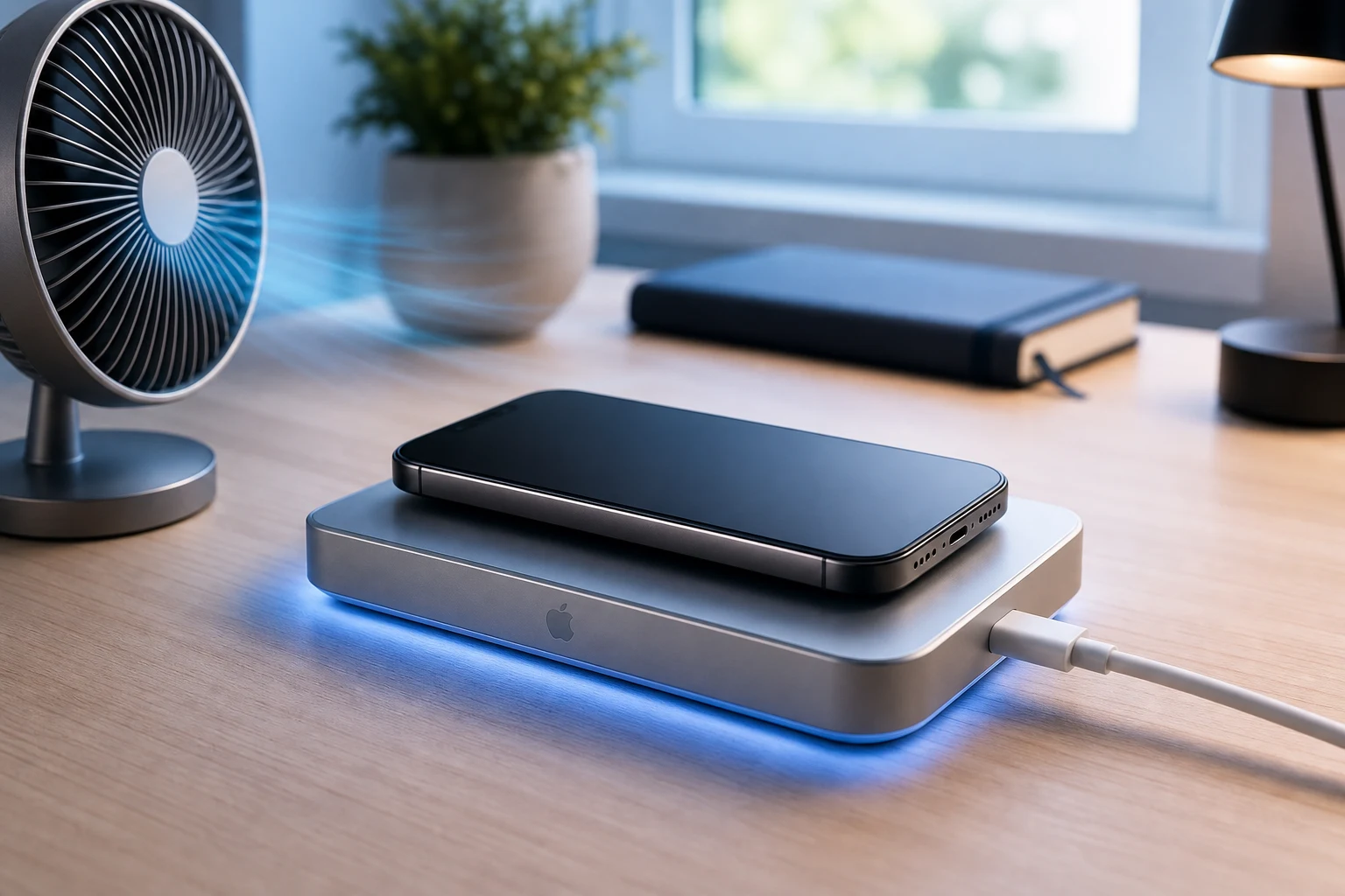 iPhone sobre una base de enfriamiento con logo Apple visible