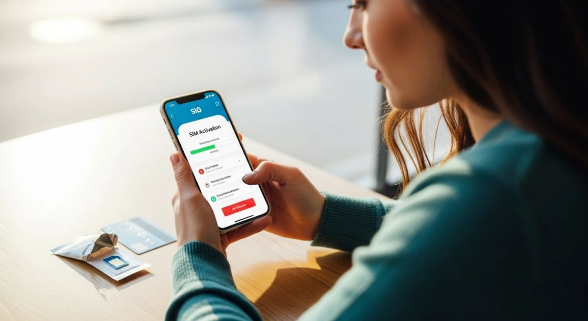 Joven en café activando tarjeta SIM con smartphone y tarjeta bancaria