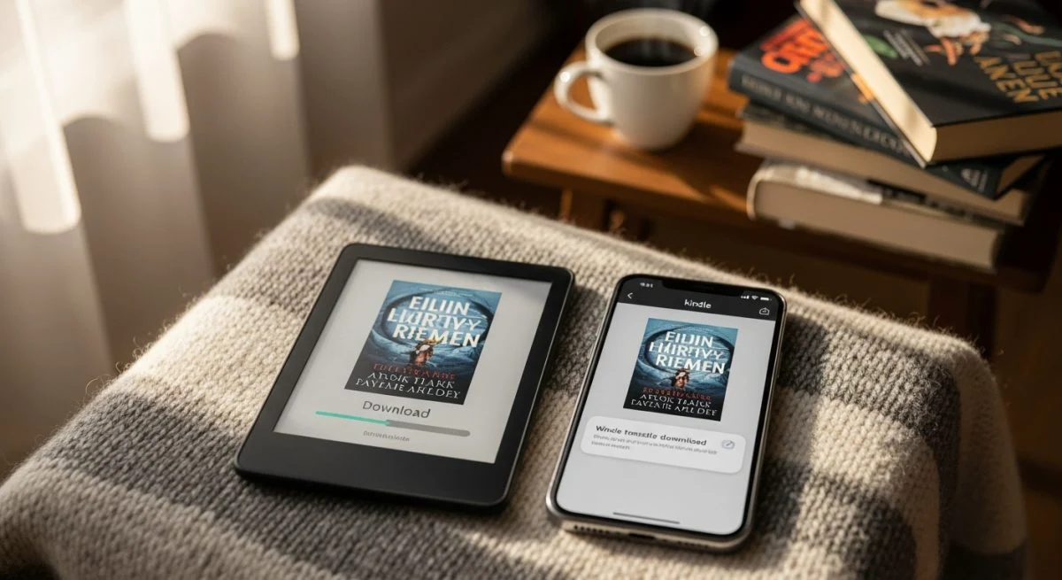 Kindle y smartphone sobre manta con café y libros desenfocados