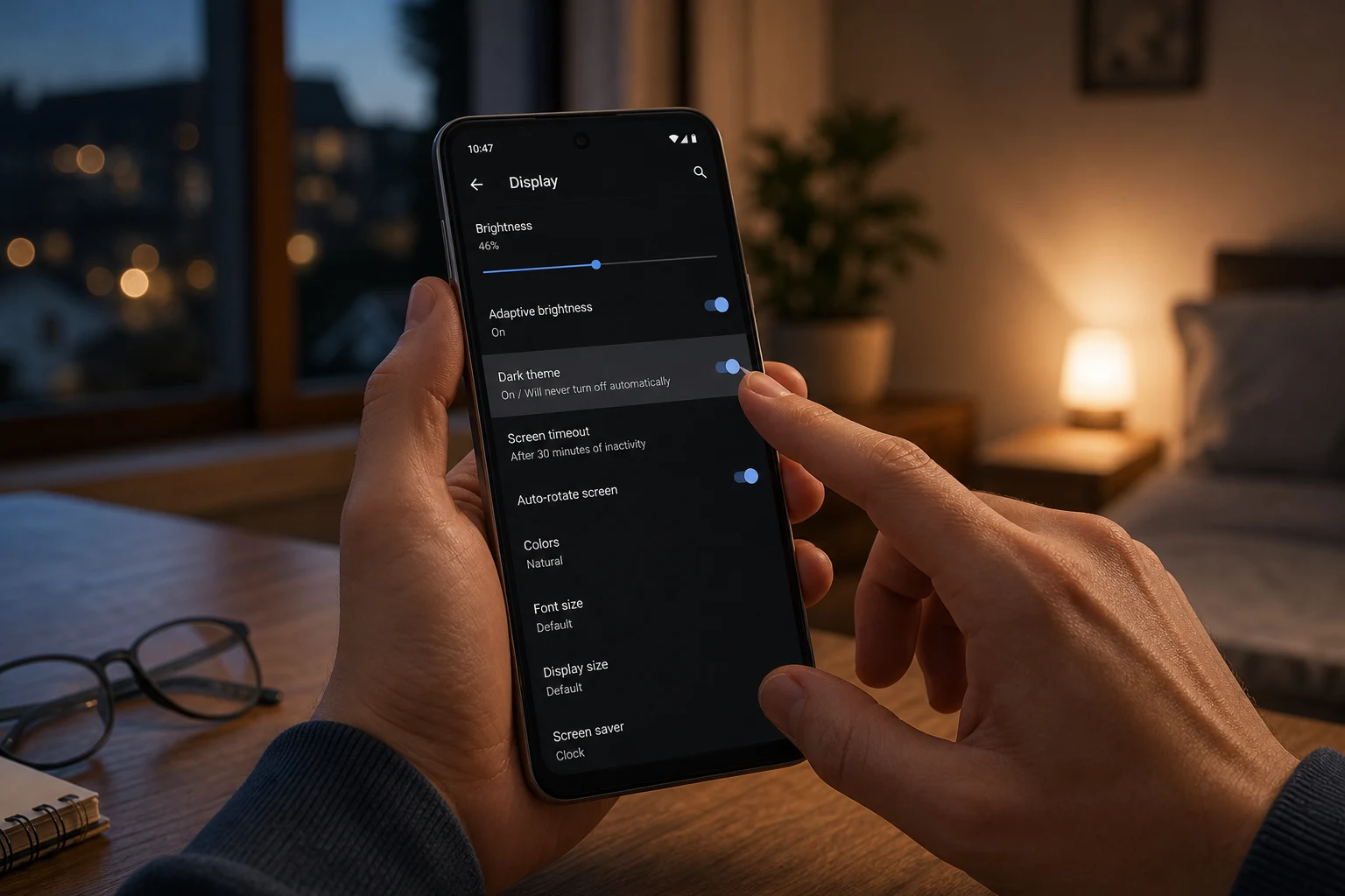 Mano activando modo oscuro en ajustes de Android desde smartphone彩票大发快三