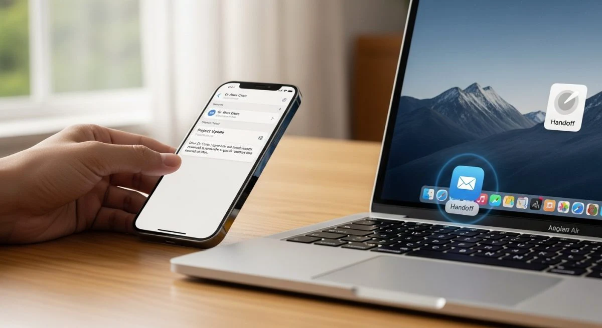 Mano colocando un iPhone moderno junto a un MacBook abierto