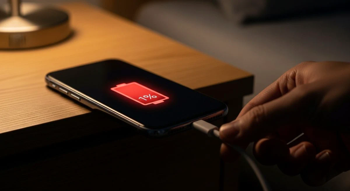 Mano conectando un cable USB-C a un smartphone moderno