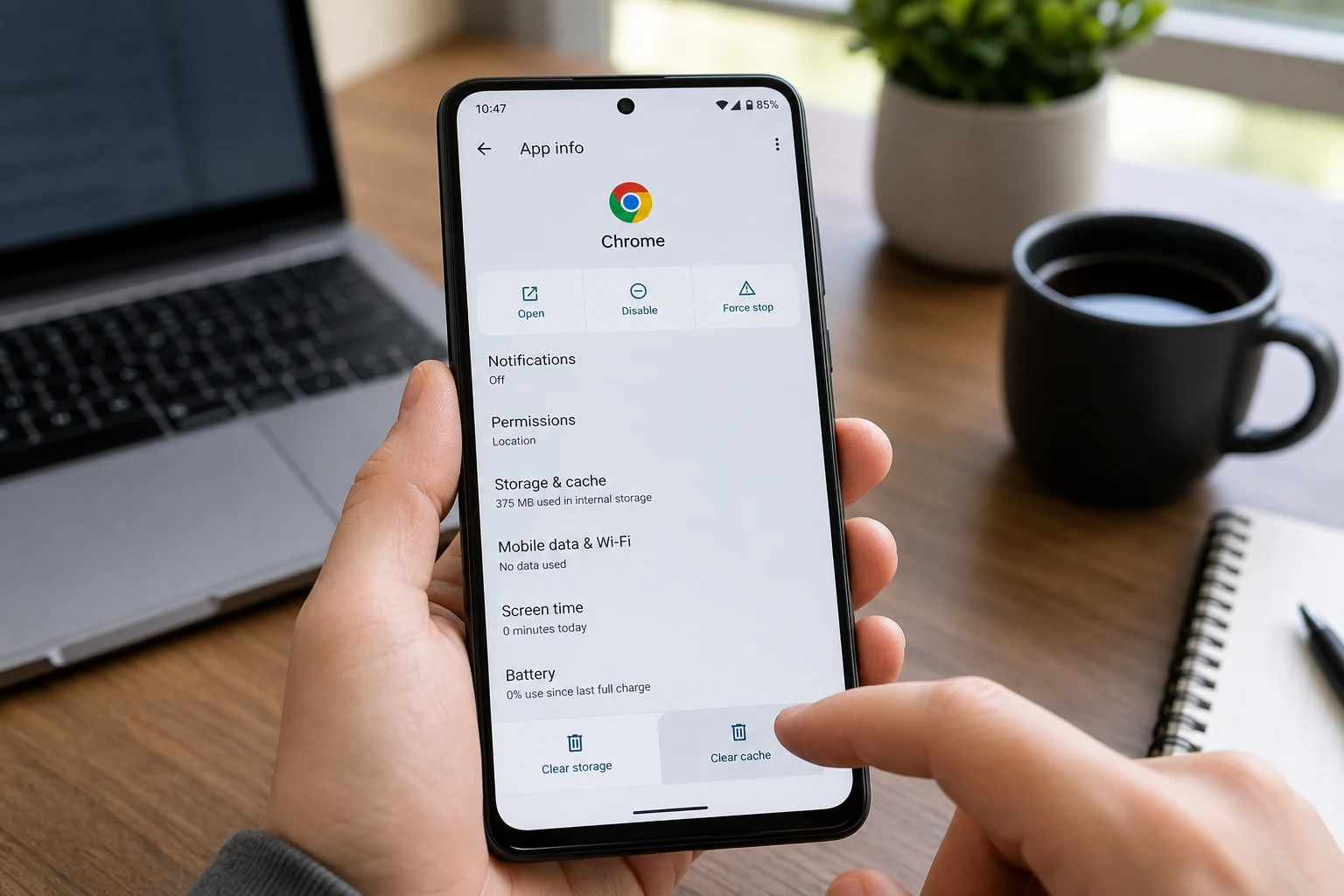 Mano en Android teléfono muestra Android Settings para limpiar caché