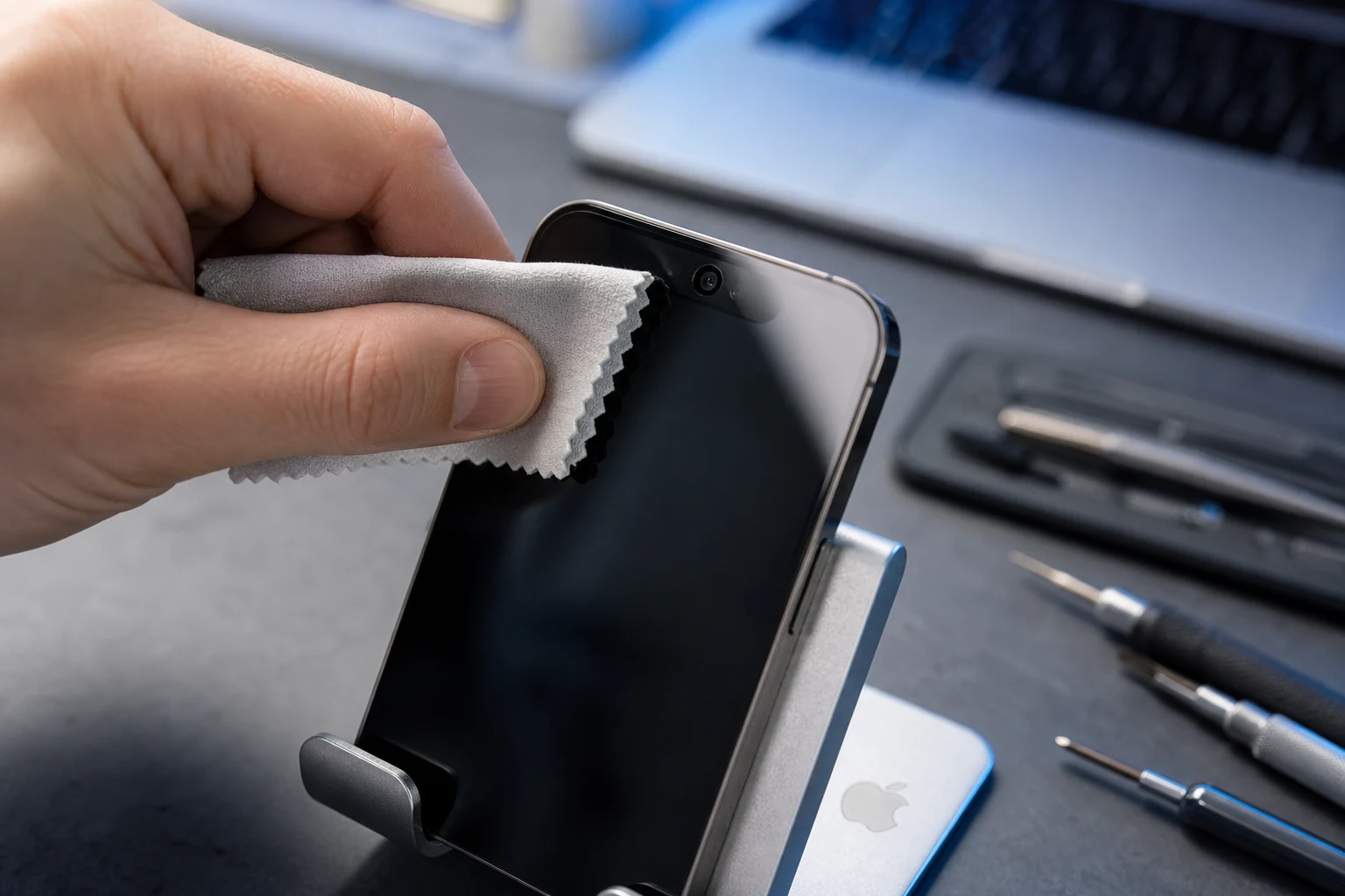 Mano limpiando la lente frontal de iPhone con Apple logo