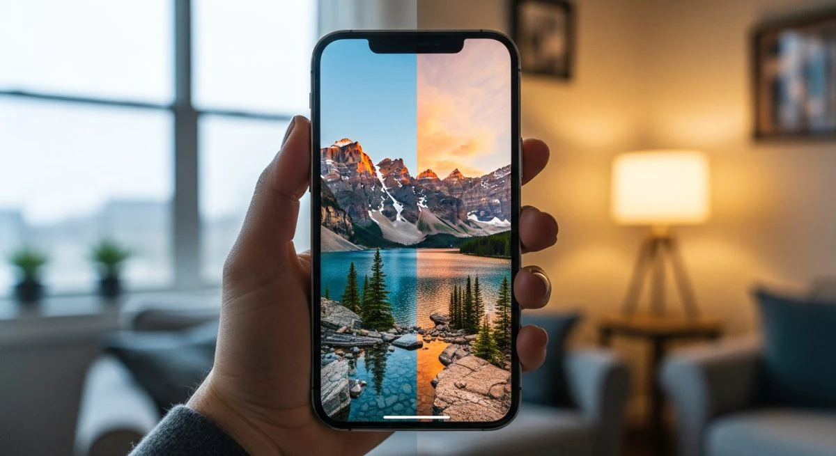 Mano sosteniendo iPhone mostrando paisaje con ajuste True Tone activado