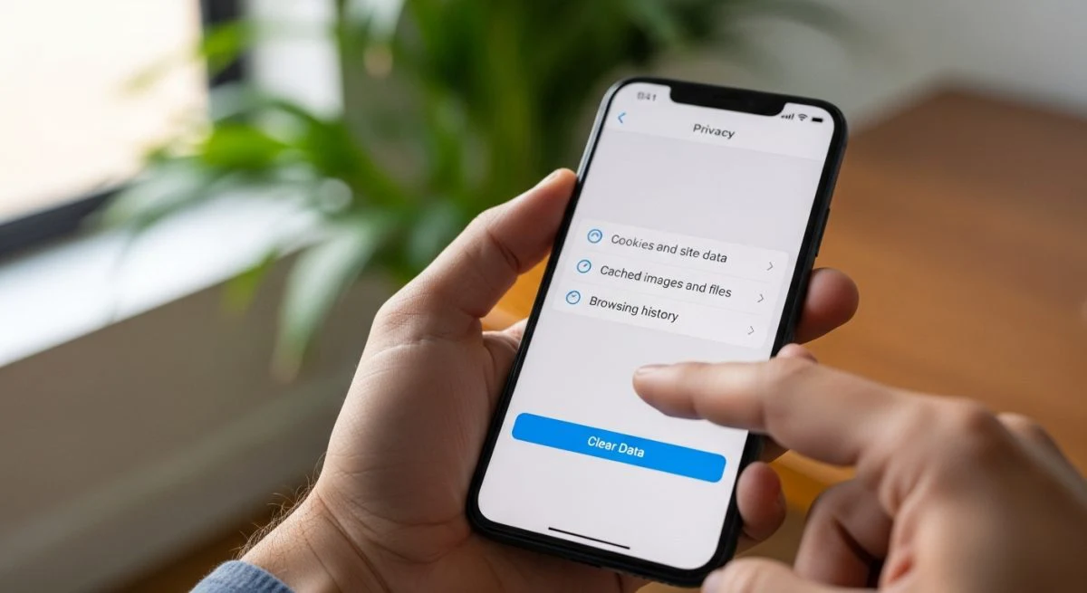 Mano sosteniendo smartphone moderno en menú de privacidad de navegador