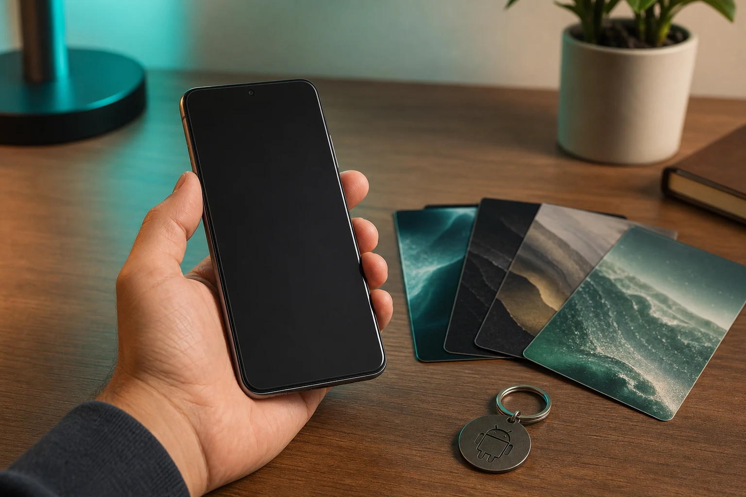 Mano sosteniendo smartphone moderno sobre escritorio madera con logo Android