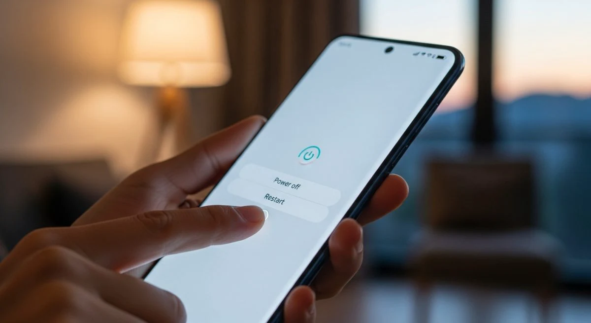 Mano sosteniendo smartphone Samsung mostrando menú de apagado en pantalla