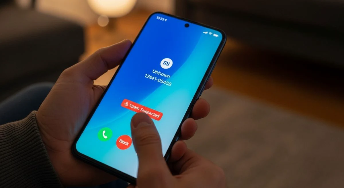 Mano sosteniendo smartphone Xiaomi con advertencia de spam en pantalla