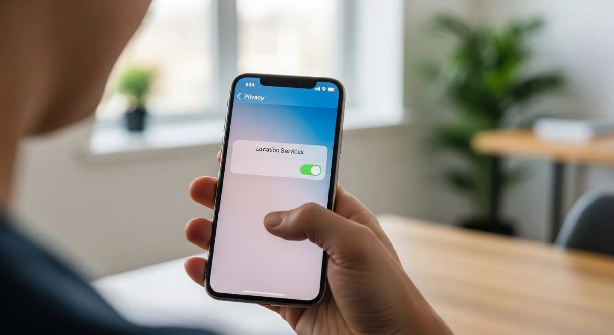 Mano sosteniendo un iPhone mostrando ajustes de privacidad iOS
